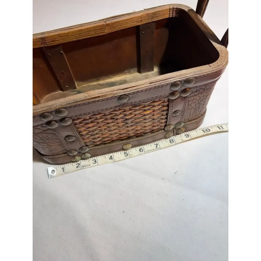 Vintage Wooden Basket with Leather Accents by Burton & Burton